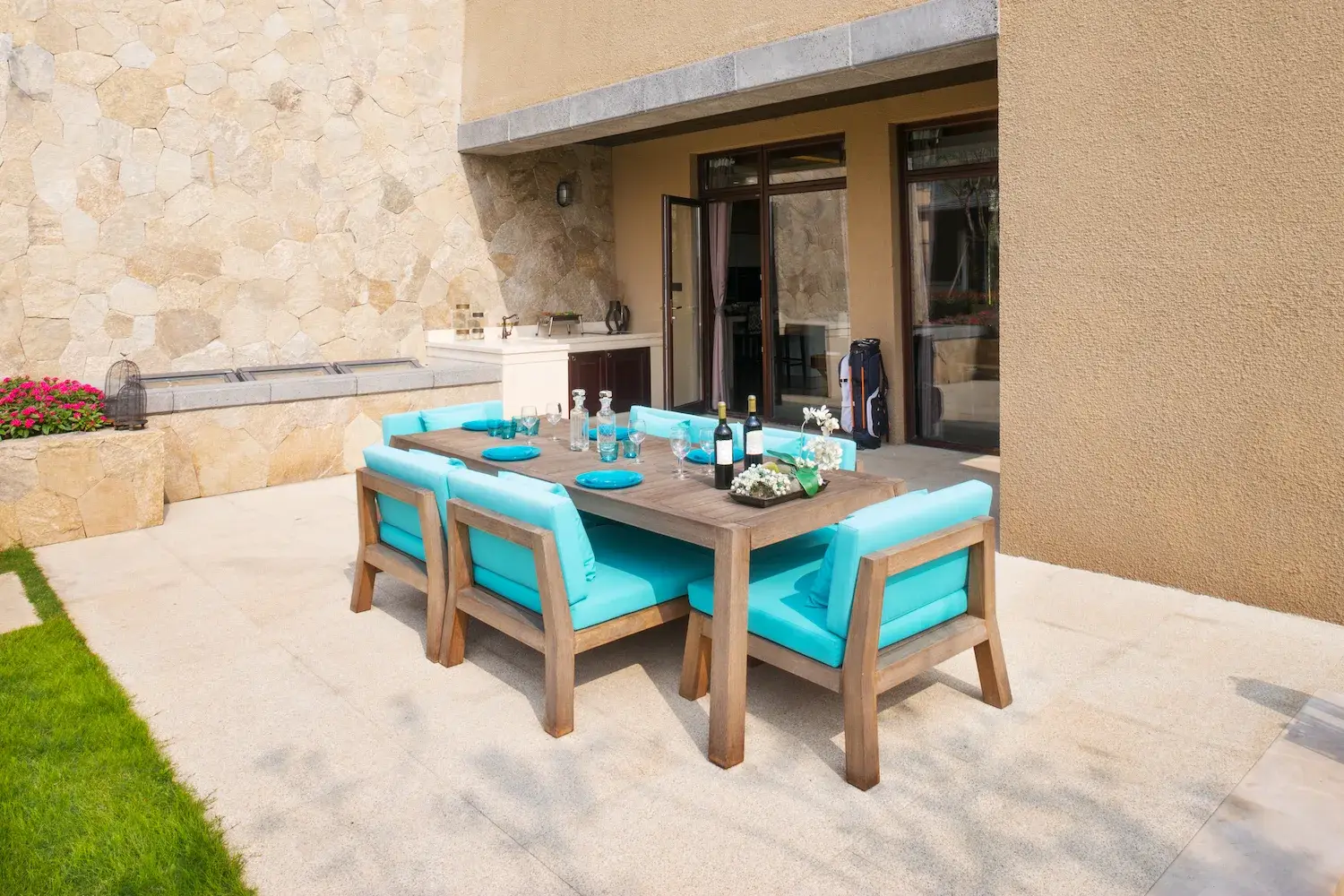 Concrete patio with furniture