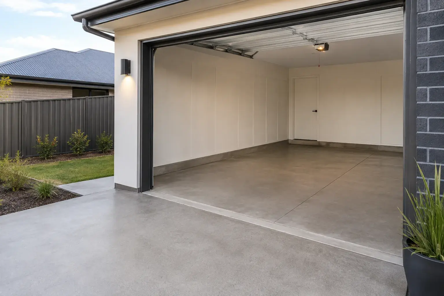 Concrete garage slab inside a finished garage